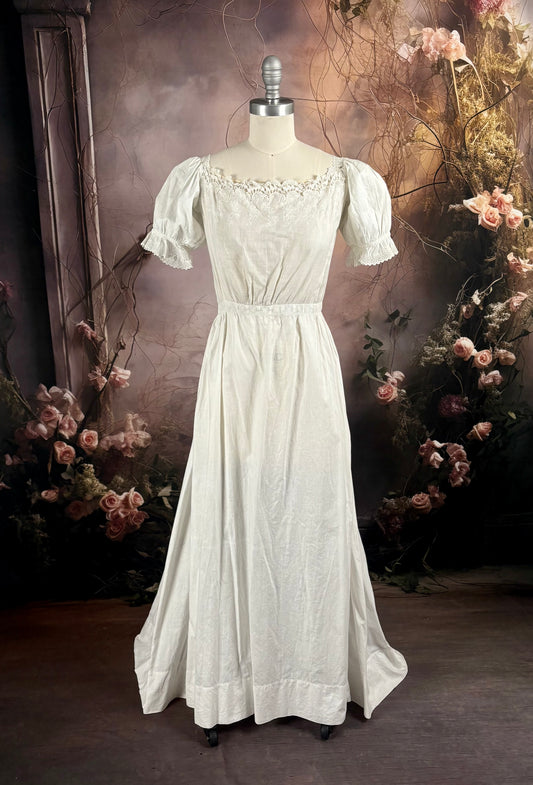 1900's Edwardian Cotton Lingerie Dress w/Puff Sleeves