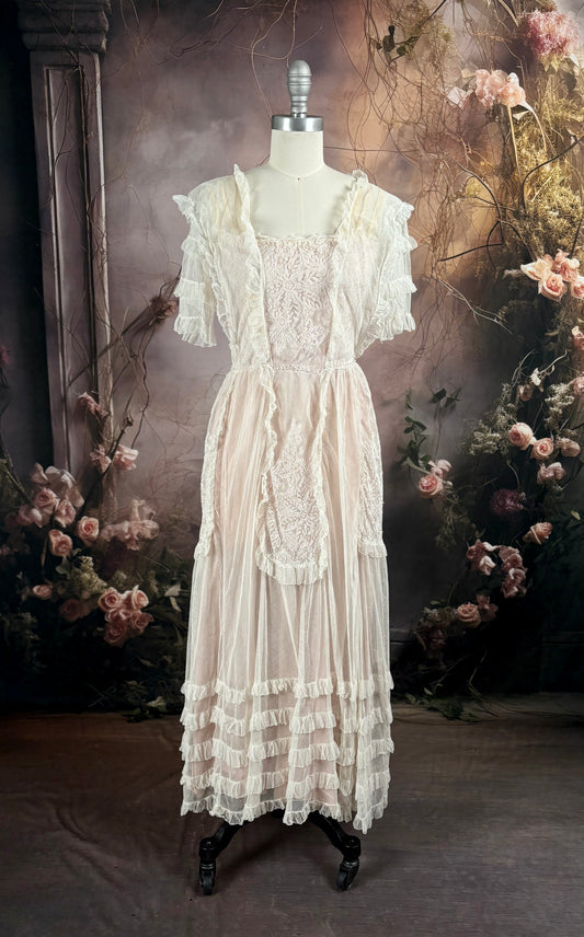 1910 Edwardian Dusty Pink Silk Charmeuse Ruffled Net Dress