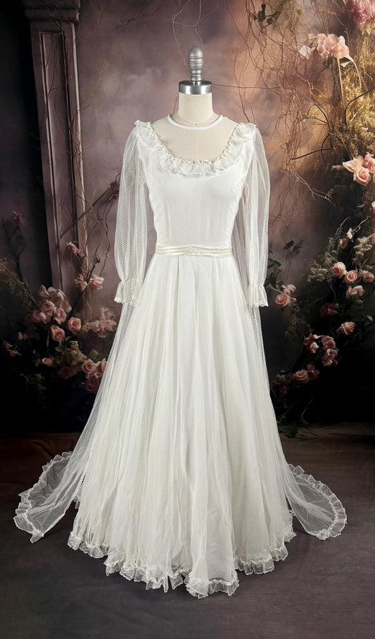 1970's Dotted Tulle & Lace Wedding Dress w/Trailing Cape