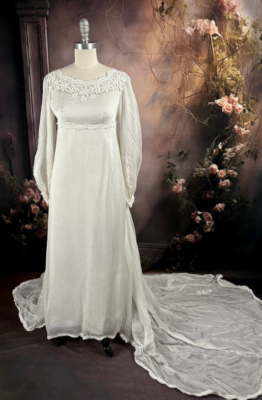 1960's Silk Chiffon Empire Wedding Dress w/Train