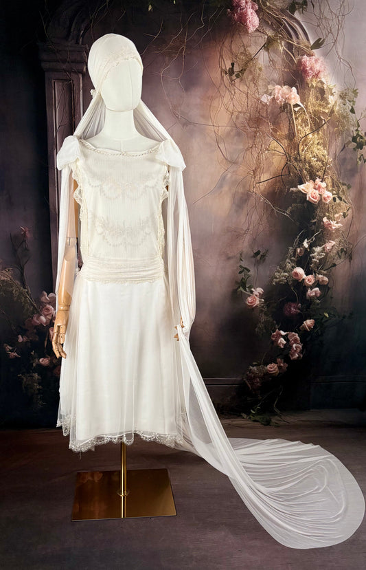 1920's Haute Couture Silk Tulle & Beaded Wedding Dress w/Juliet Veil