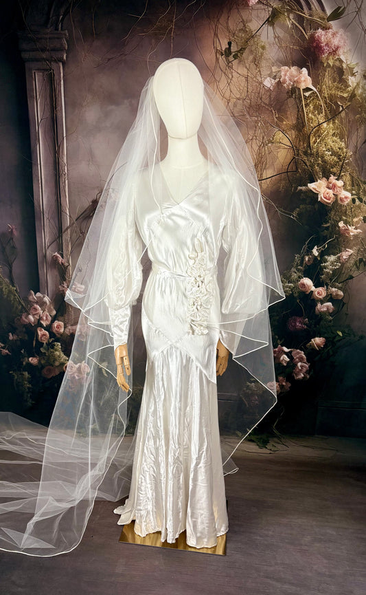 1930's Slipper Satin Wedding Dress w/Fitted Silhouette & Bishop Sleeves