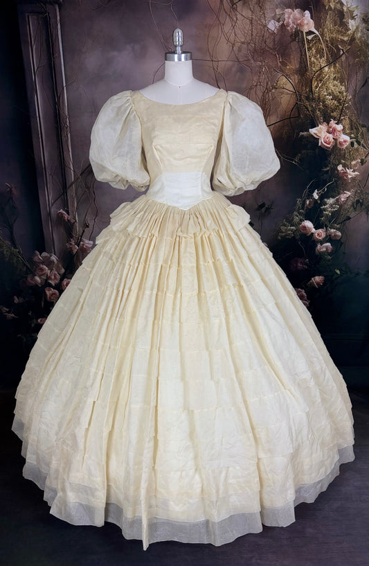 1950s Rayon Wedding Dress, Pleated Tiered Skirt & Puff Sleeves